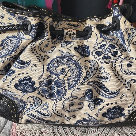 Brighton Bucket Tote Canvas Floral Blue and Black Women's Bag Denim Interior - Picture 2 of 10